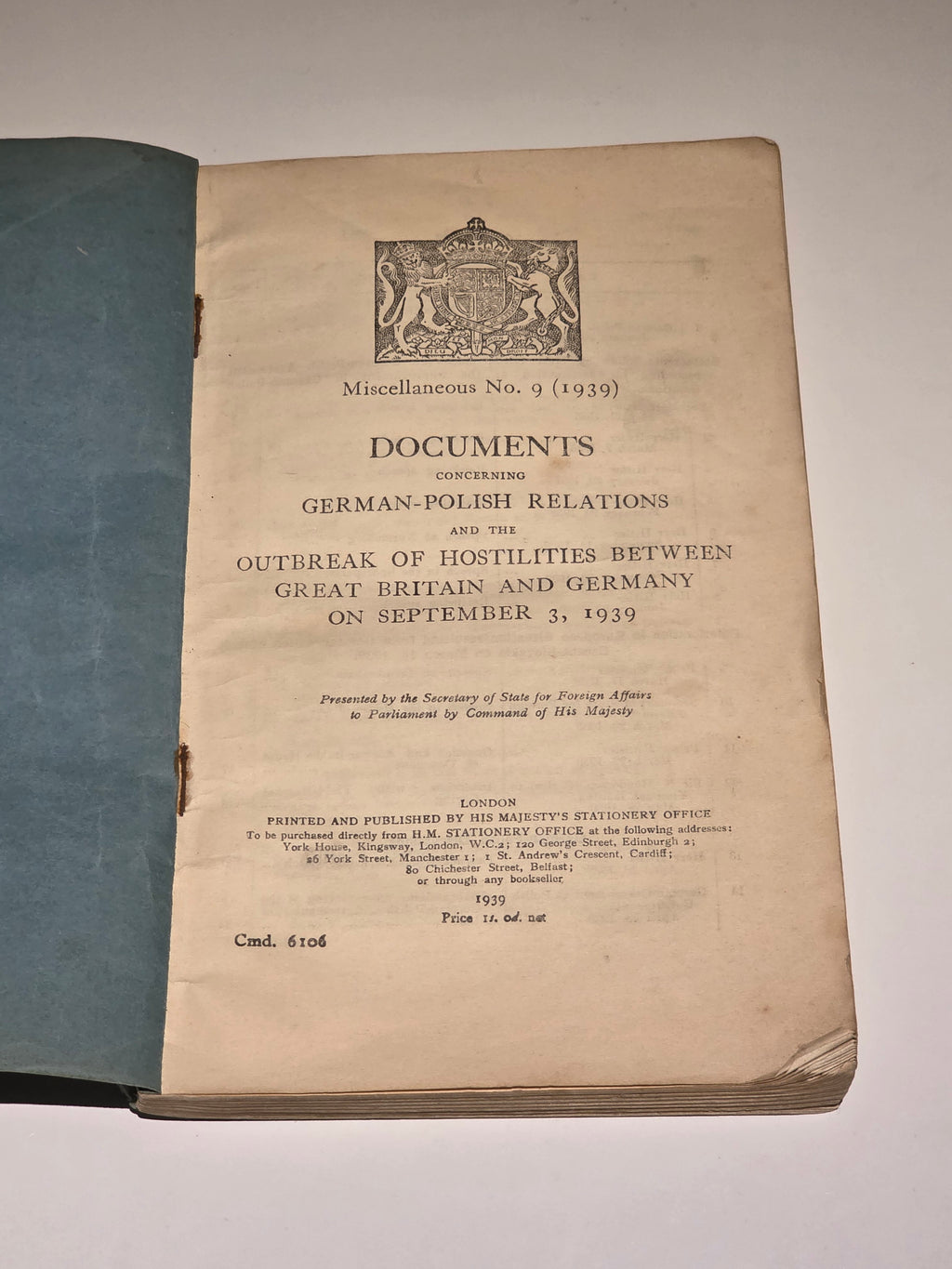 1939 British War Blue Book – Cmd. 6106 – German–Polish Relations & Outbreak of WWII