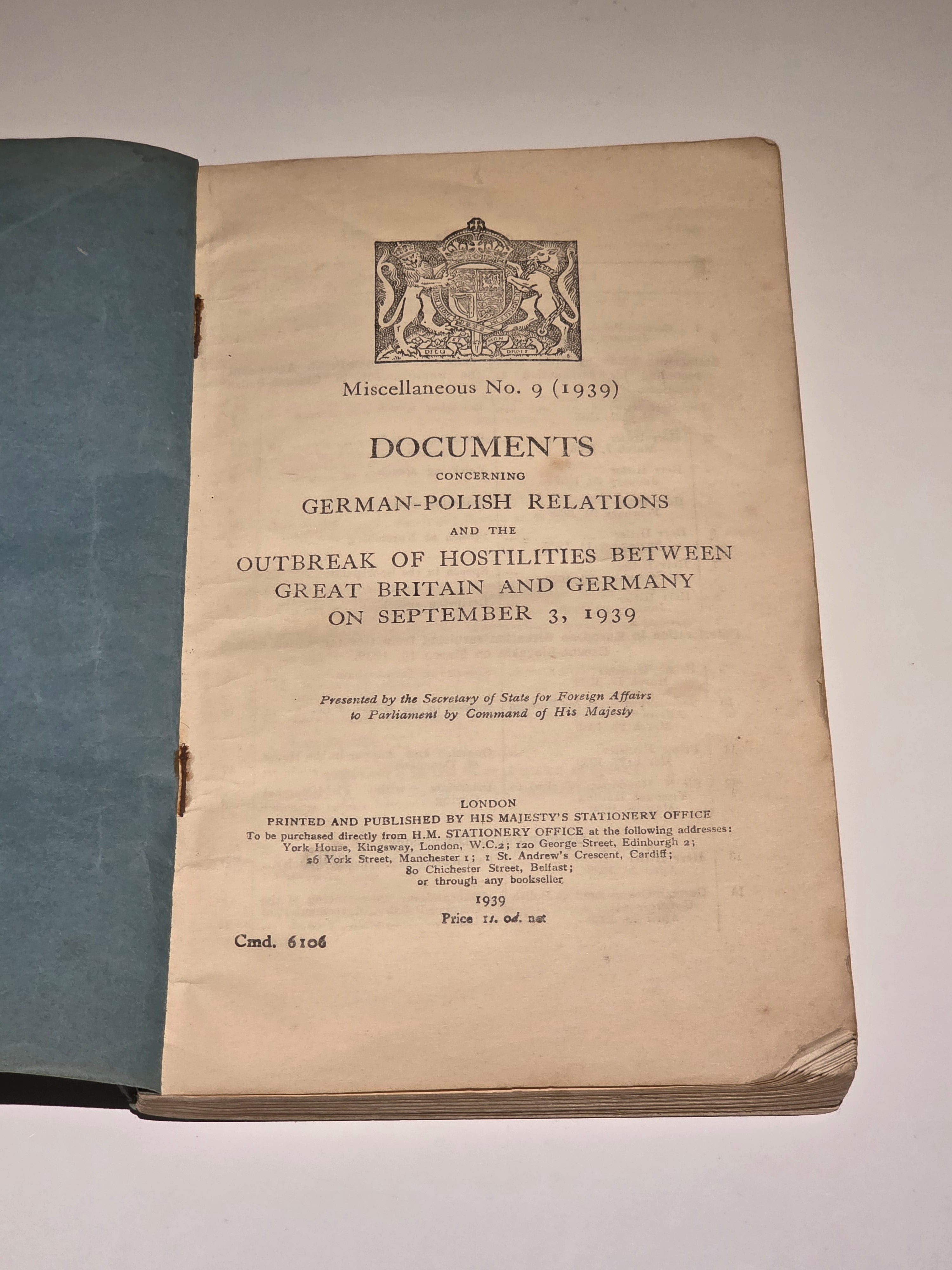 1939 British War Blue Book – Cmd. 6106 – German–Polish Relations & Outbreak of WWII