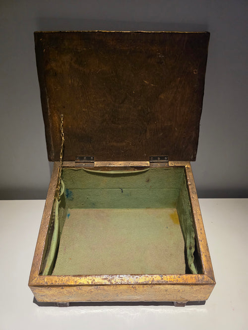 Antique Brass Repoussé Slipper Box – Floral Embossed Fireside Storage Casket