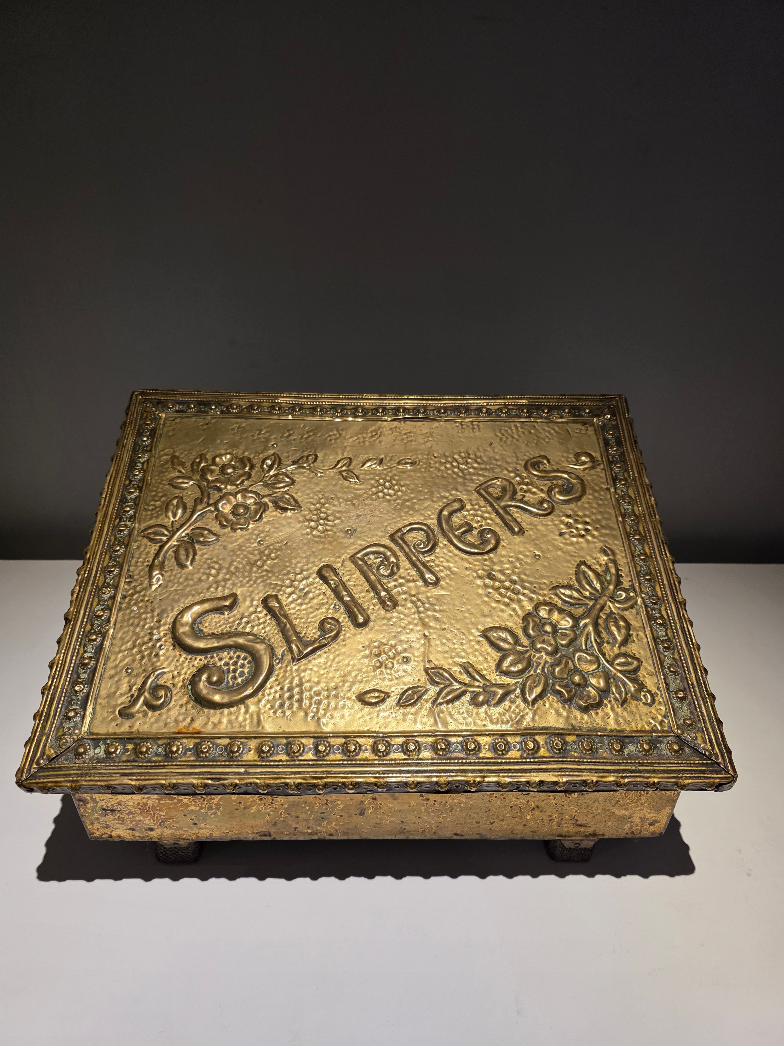 Antique Brass Repoussé Slipper Box – Floral Embossed Fireside Storage Casket