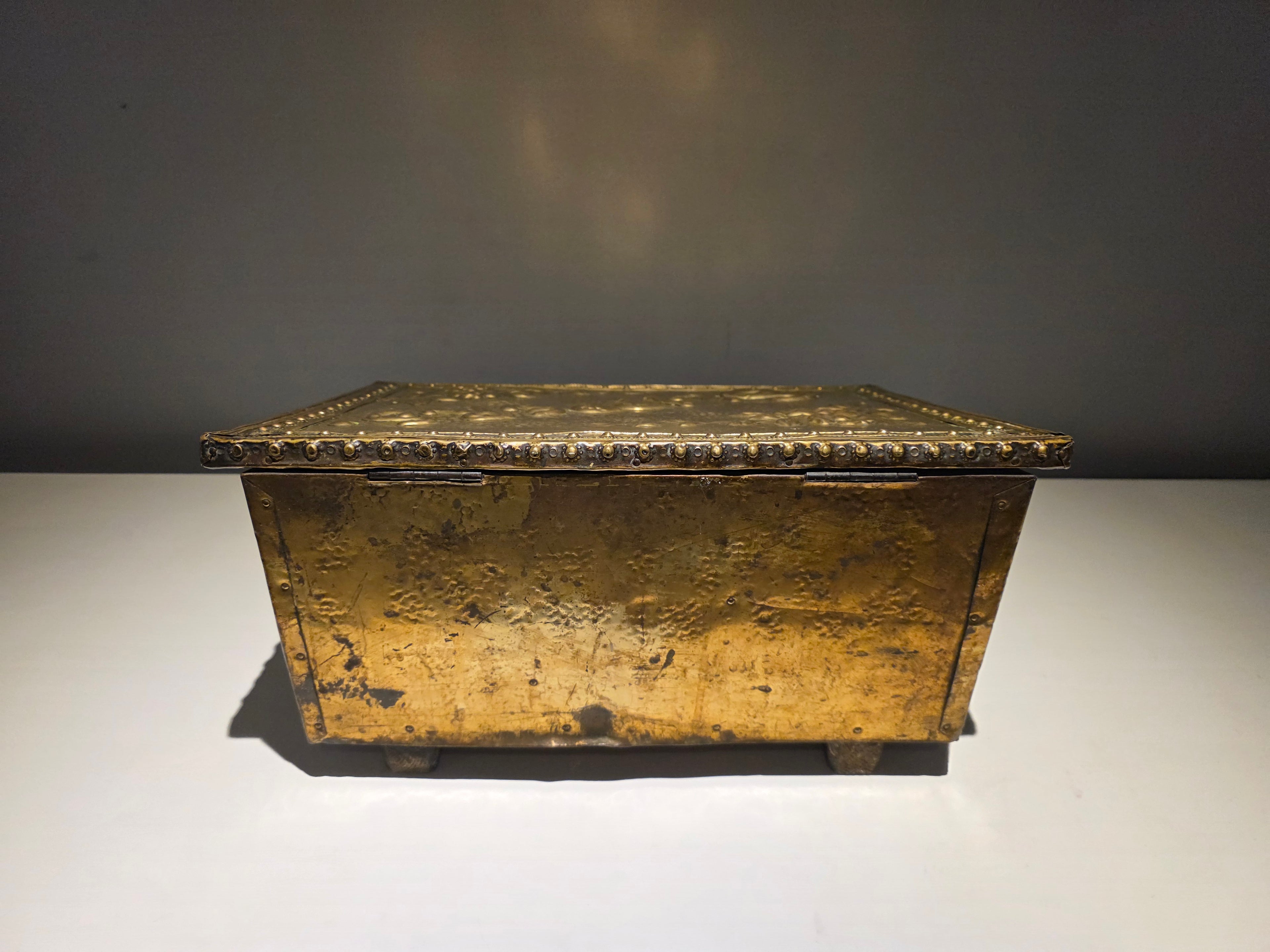 Antique Brass Repoussé Slipper Box – Floral Embossed Fireside Storage Casket