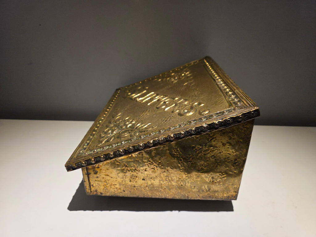 Antique Brass Repoussé Slipper Box – Floral Embossed Fireside Storage Casket