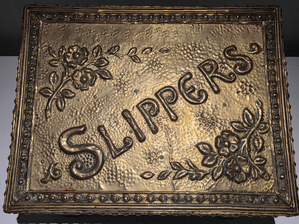 Antique Brass Repoussé Slipper Box – Floral Embossed Fireside Storage Casket