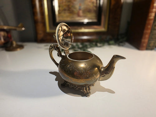 Antique-Style Brass Floral Engraved Teapot with Ornate Handle and Footed Base