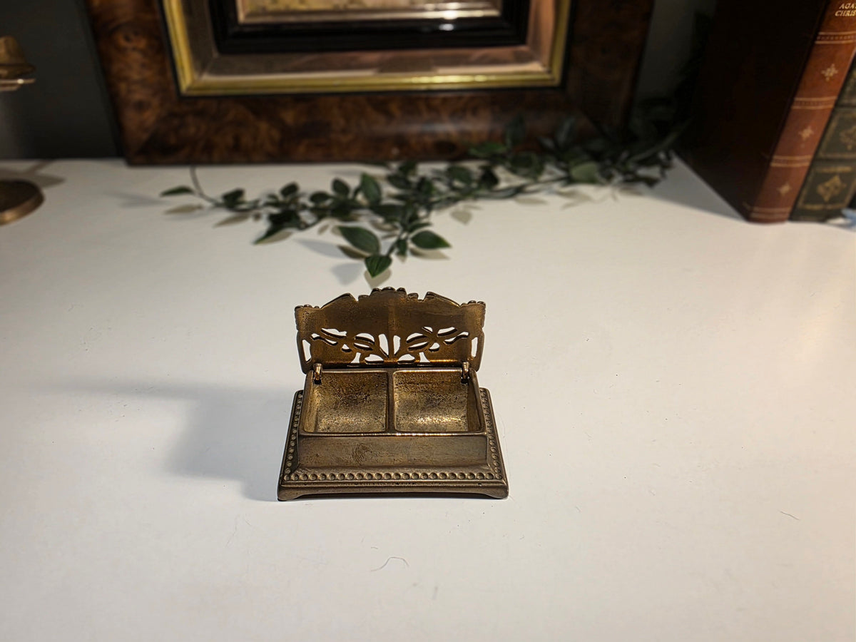 Ornate Antique-Style Brass Floral Double-Compartment Hinged Trinket / Stamp Box