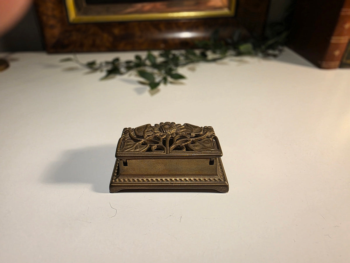 Ornate Antique-Style Brass Floral Double-Compartment Hinged Trinket / Stamp Box