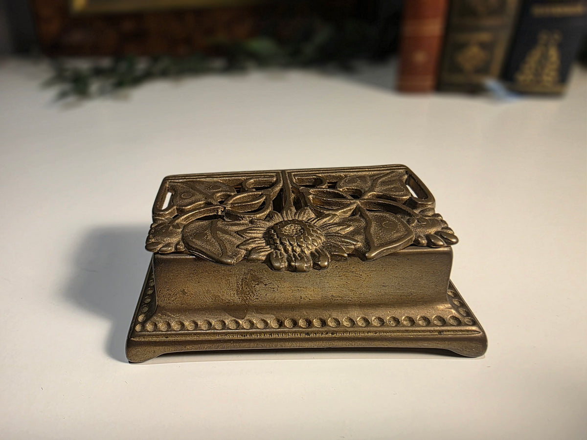Ornate Antique-Style Brass Floral Double-Compartment Hinged Trinket / Stamp Box