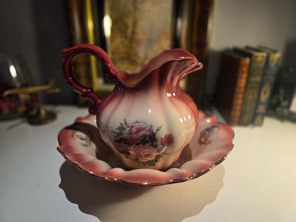 K.H Pottery Staffordshire England Floral Ewer and Matching Underplate