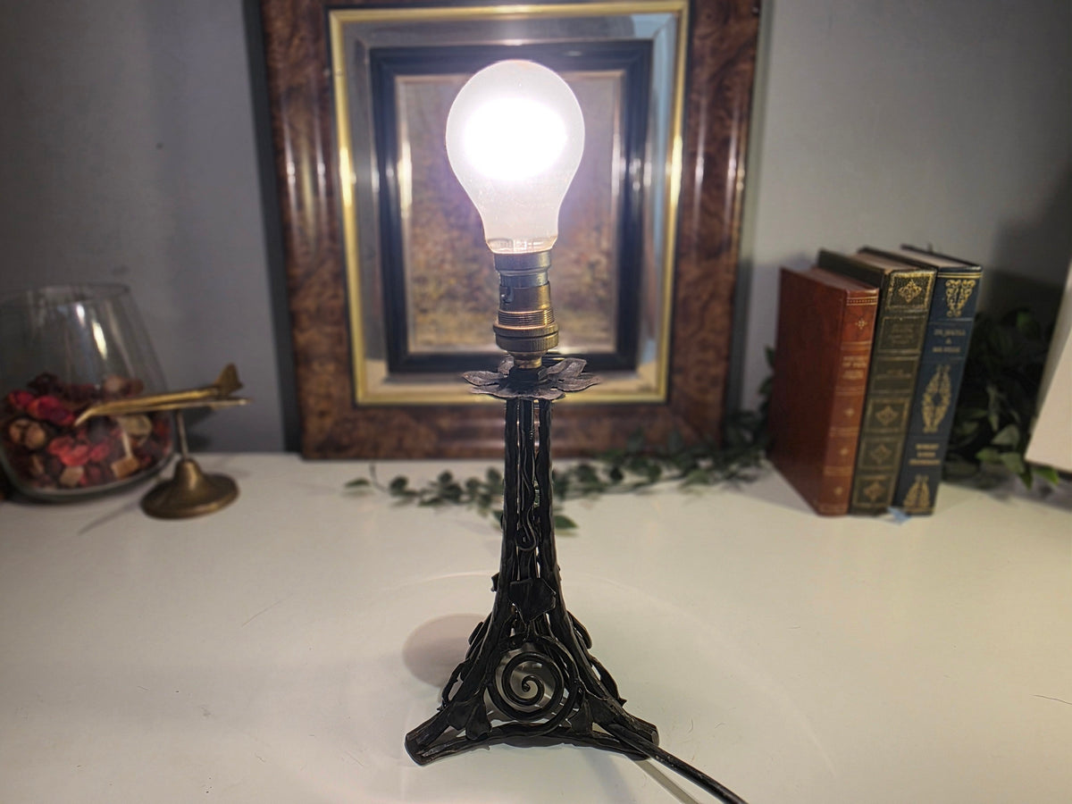 Vintage Art Nouveau-Style Wrought-Iron Table Lamp Base with Floral and Scrollwork Detail