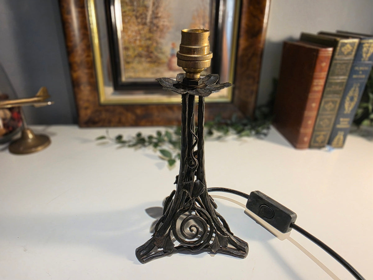 Vintage Art Nouveau-Style Wrought-Iron Table Lamp Base with Floral and Scrollwork Detail
