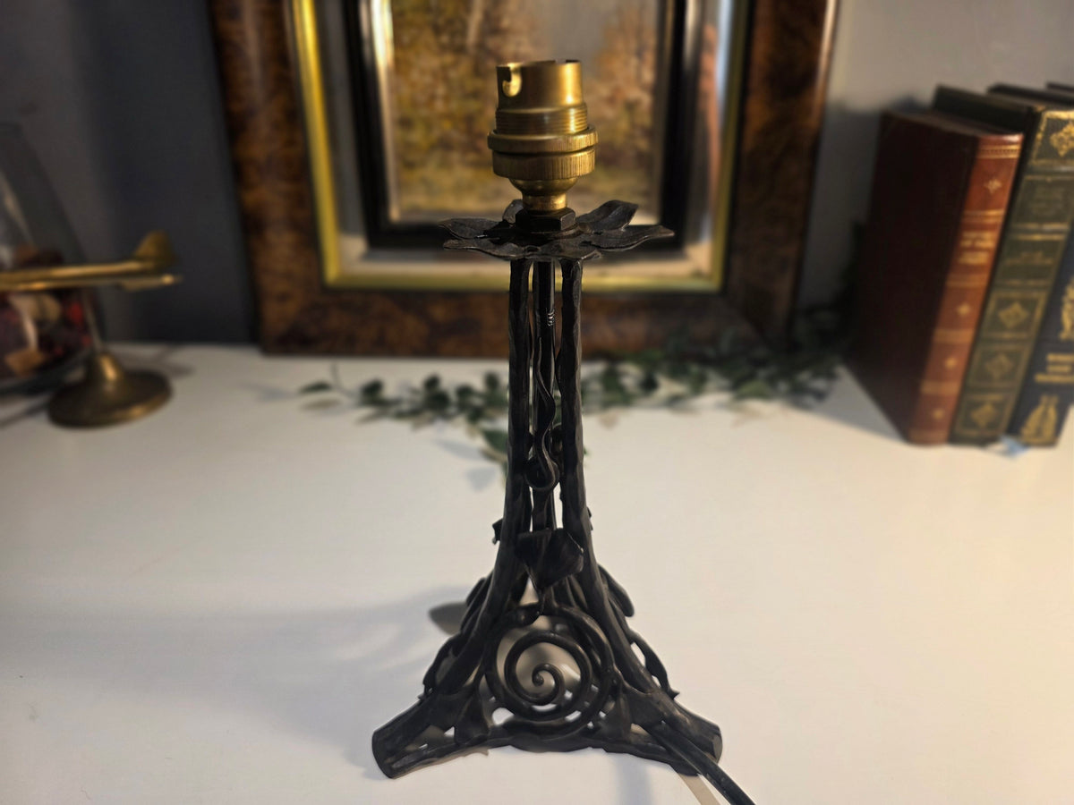 Vintage Art Nouveau-Style Wrought-Iron Table Lamp Base with Floral and Scrollwork Detail