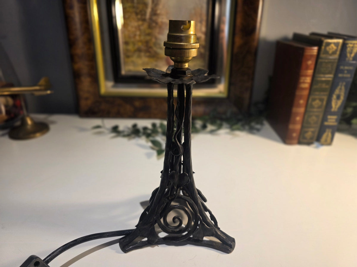 Vintage Art Nouveau-Style Wrought-Iron Table Lamp Base with Floral and Scrollwork Detail