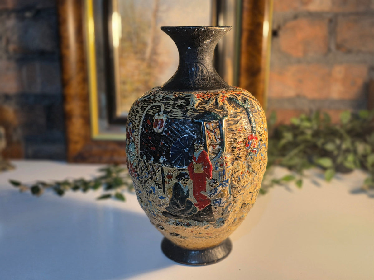 Vintage Embosa Ware Ceramic Vase – Hand-Painted Figurative Design – Decorative Pottery