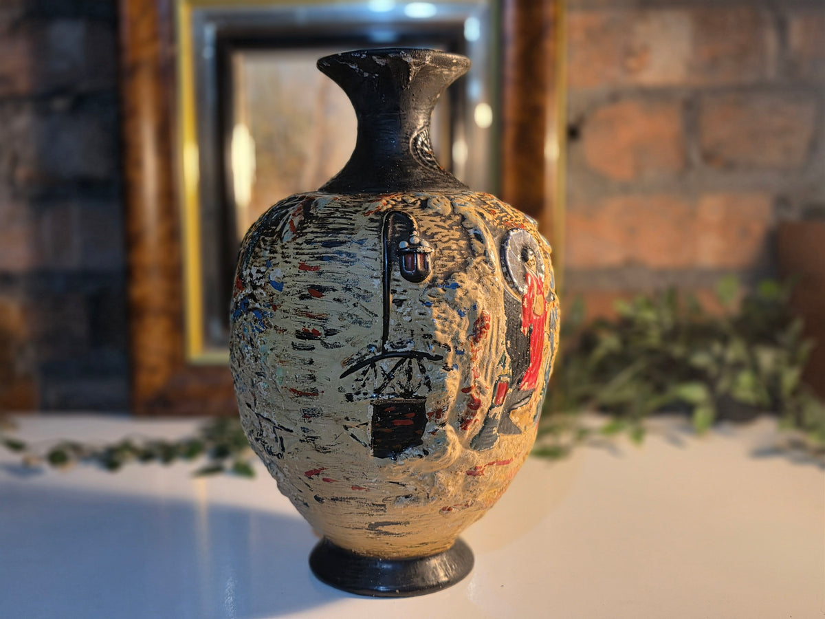 Vintage Embosa Ware Ceramic Vase – Hand-Painted Figurative Design – Decorative Pottery