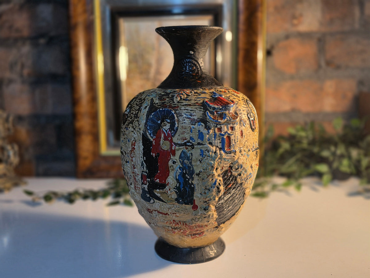 Vintage Embosa Ware Ceramic Vase – Hand-Painted Figurative Design – Decorative Pottery