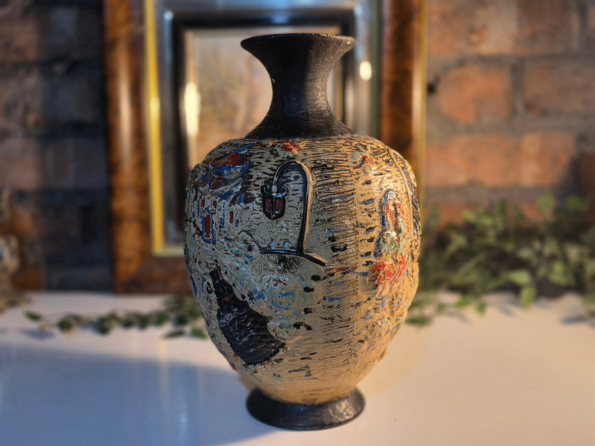 Vintage Embosa Ware Ceramic Vase – Hand-Painted Figurative Design – Decorative Pottery